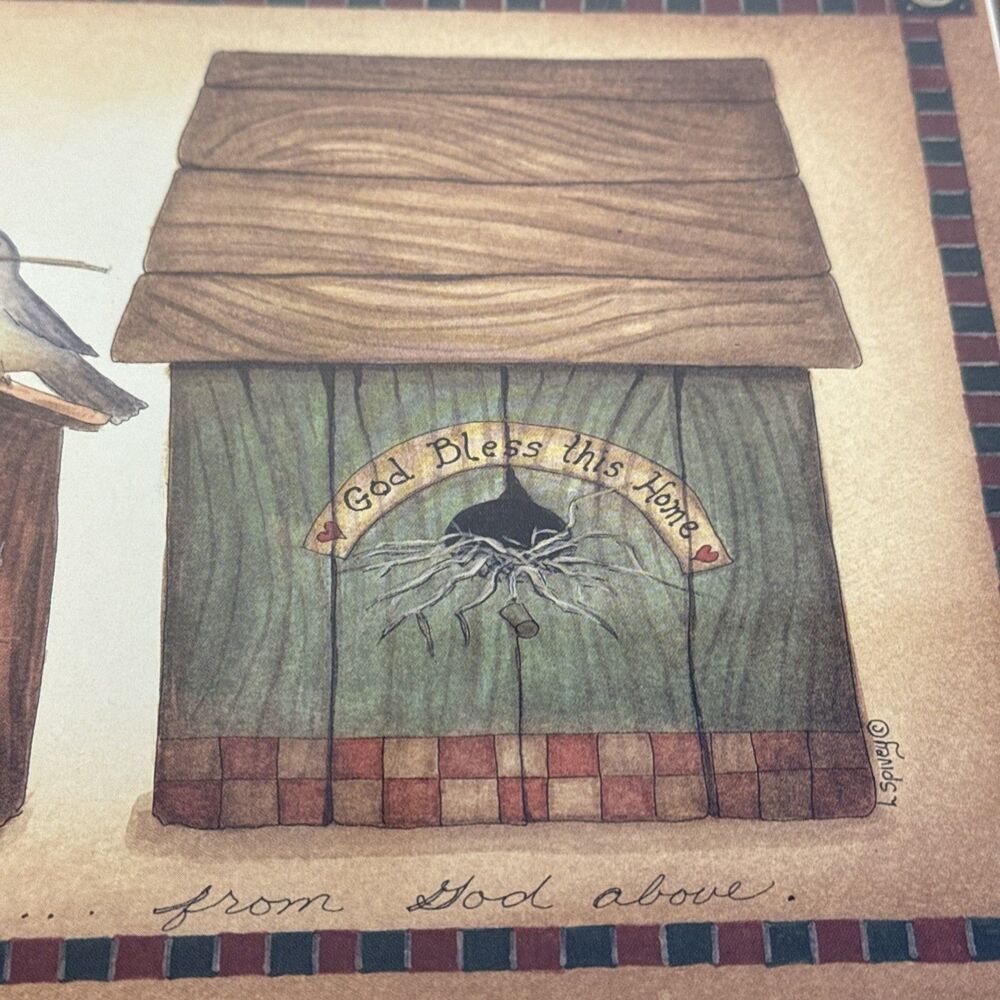 Linda Spivey Art Print Wood Framed Birdhouse w/Potted Plant 23" x 13” God Bless - Picture 5 of 9